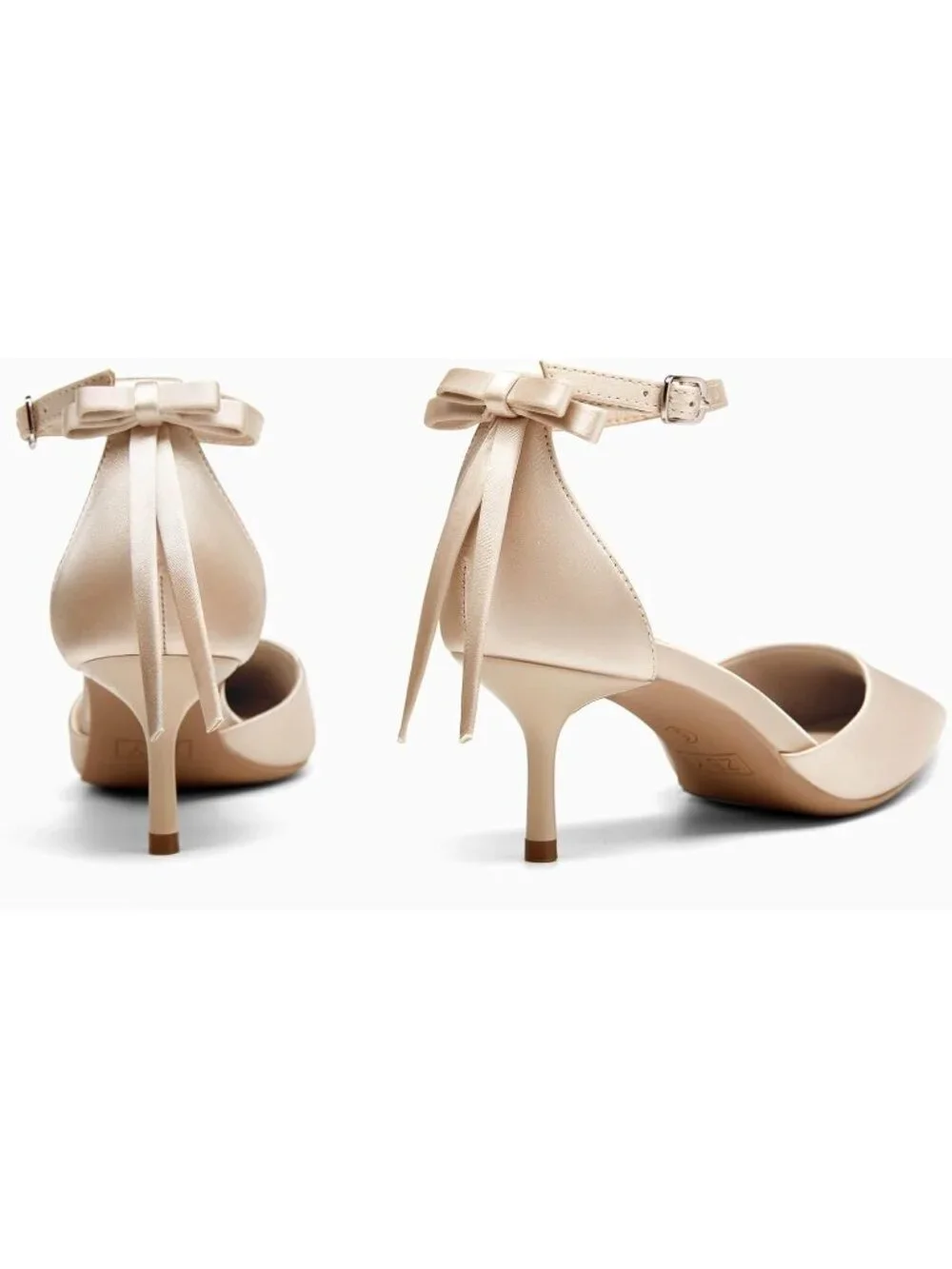 Women's Tan Kitten Low Heels Closed Pointed Toe Pumps Bow Ankle Strap Shoes
